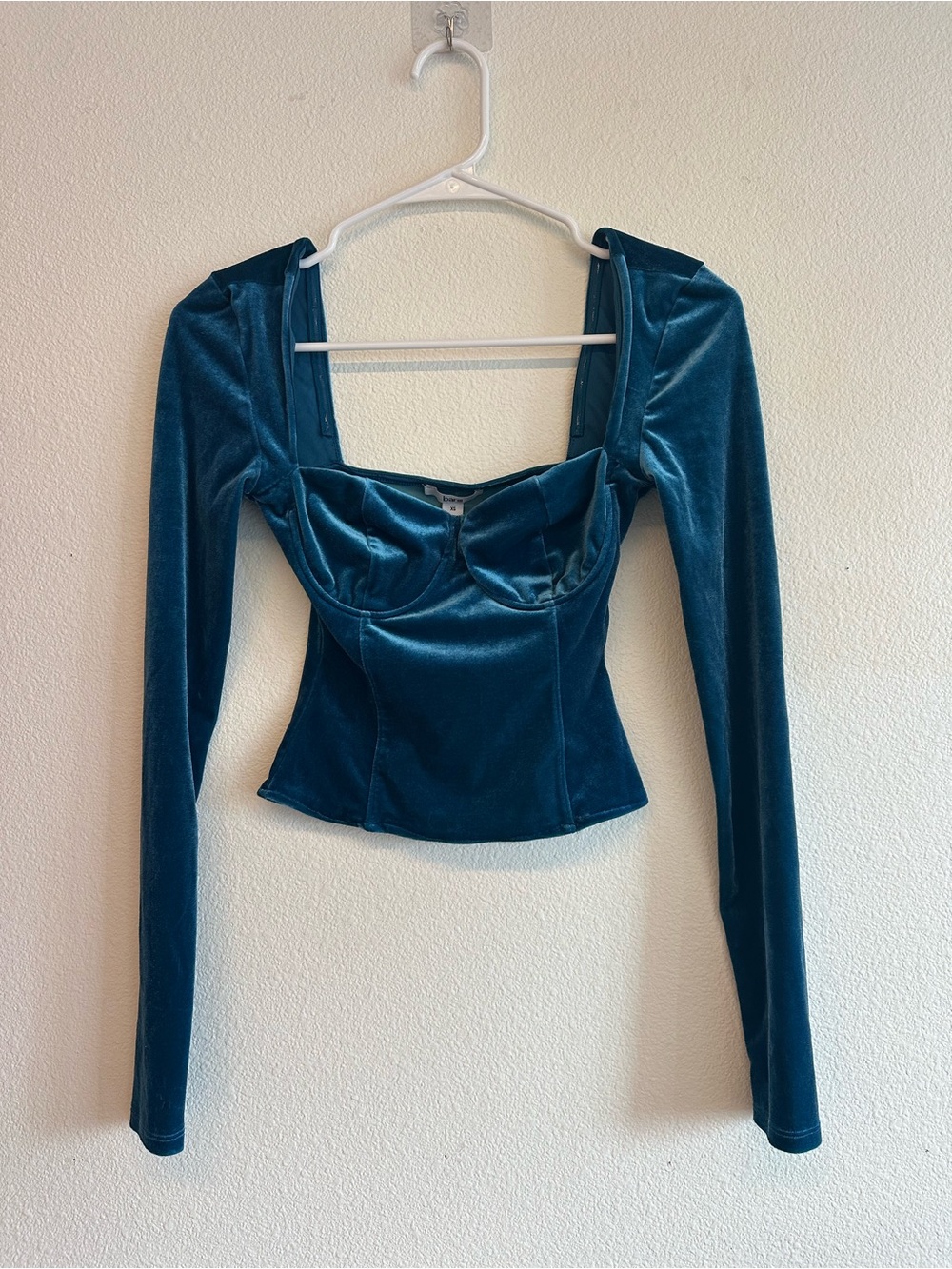 Bar III Teal Velvet Long-Sleeve Corset Top